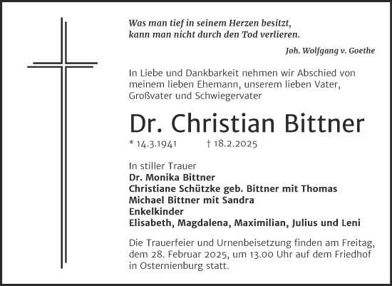 Traueranzeige von Christian Bittner von Trauerkombi Köthen