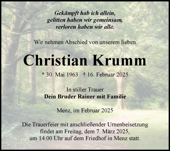 Traueranzeige von Christian Krumm von Volksstimme Burg/Genthin