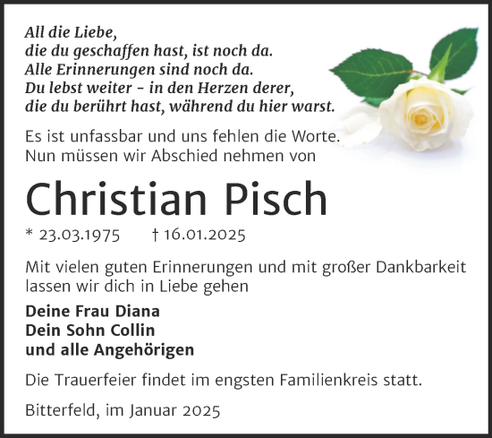 Traueranzeige von Christian Pisch von Trauerkombi Bitterfeld
