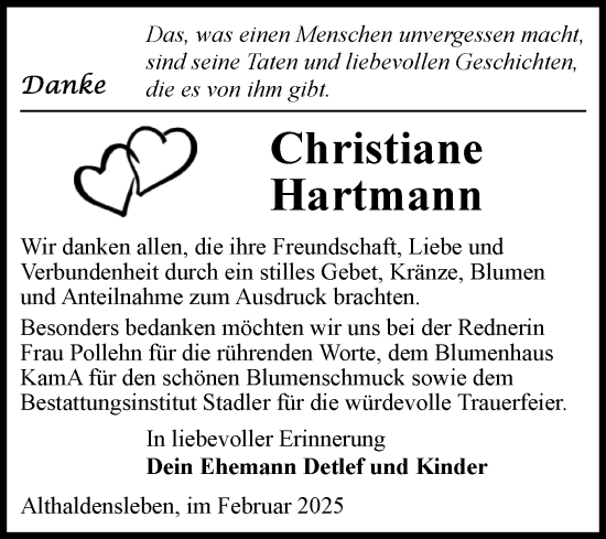 Traueranzeige von Christiane Hartmann von Volksstimme Haldensleben/Wolmirstedt