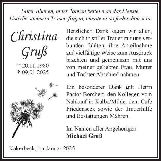 Traueranzeige von Christina Gruß von Volksstimme Altmark West