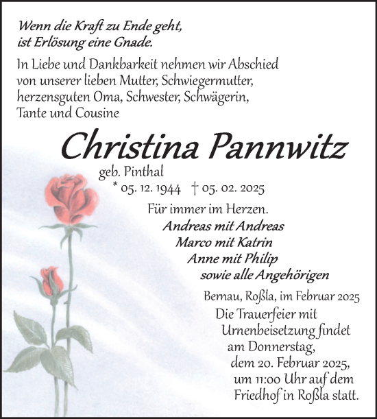 Traueranzeige von Christina Pannwitz von Trauerkombi Sangerhausen