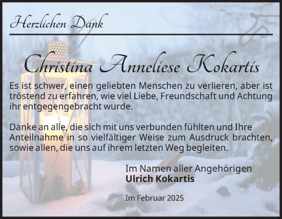 Traueranzeige von Christina Anneliese Kokartis von Volksstimme Magdeburg