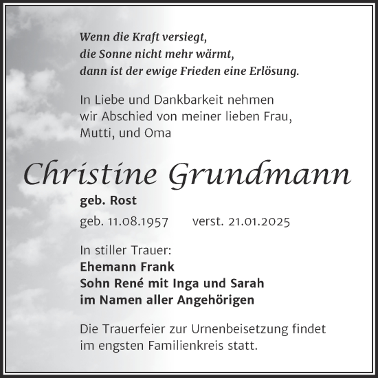Traueranzeige von Christine Grundmann von Trauerkombi Aschersleben
