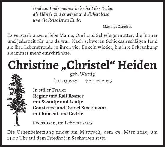 Traueranzeige von Christine Heiden von Volksstimme Altmark Ost