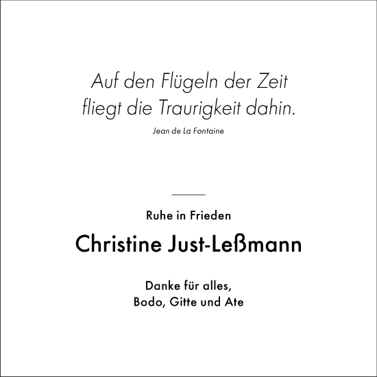 Traueranzeige von Christine Just-Leßmann von Volksstimme Wernigerode