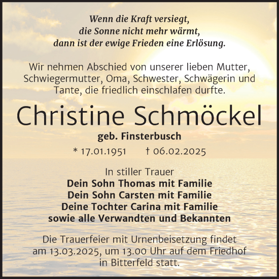 Traueranzeige von Christine Schmöckel von Trauerkombi Bitterfeld