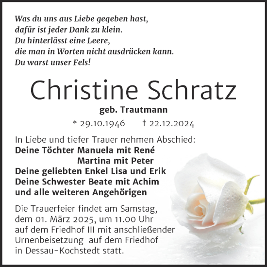 Traueranzeige von Christine Schratz von Trauerkombi Dessau