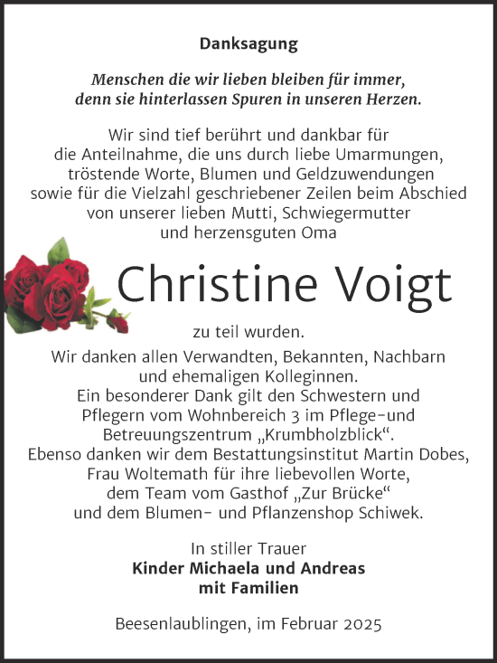 Traueranzeige von Christine Voigt von Trauerkombi Bernburg