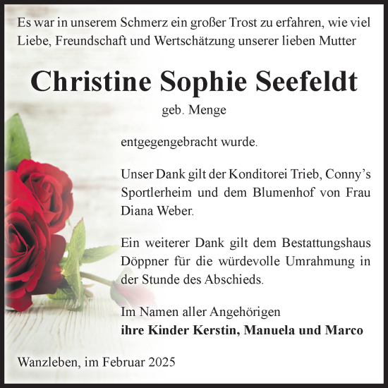 Traueranzeige von Christine Sophie Seefeldt von Volksstimme Oschersleben/Wanzleben