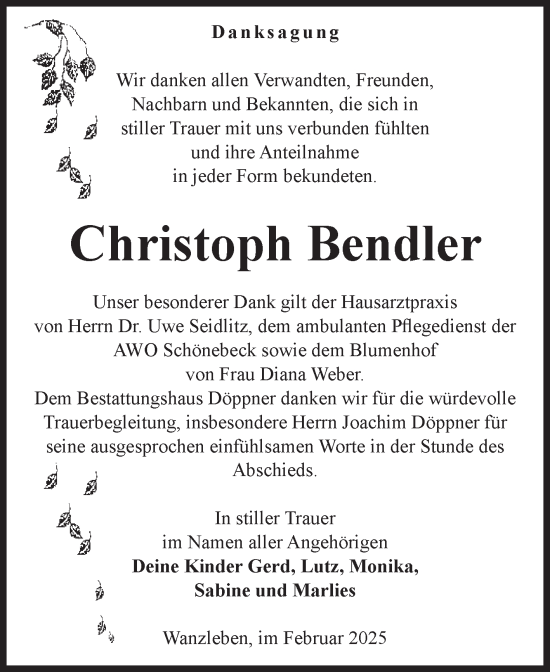 Traueranzeige von Christoph Bendler von Volksstimme Oschersleben/Wanzleben