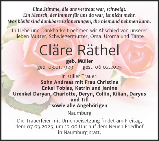 Traueranzeige von Cläre Räthel von Super Sonntag Naumburg/Nebra