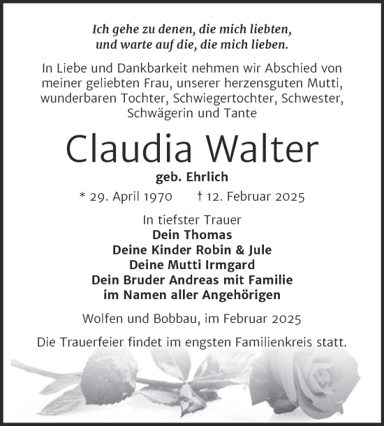 Traueranzeige von Claudia Walter von Trauerkombi Bitterfeld