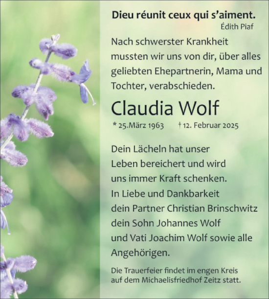 Traueranzeige von Claudia Wolf von Trauerkombi Zeitz