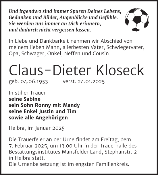 Traueranzeige von Claus-Dieter Kloseck von Trauerkombi Mansfelder Land