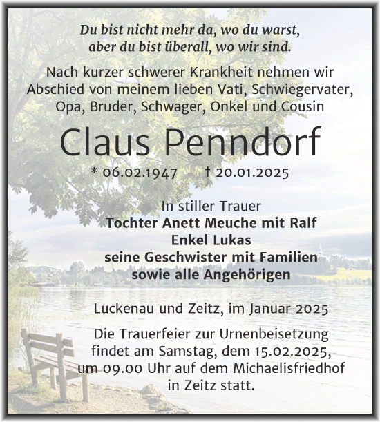 Traueranzeige von Claus Penndorf von Trauerkombi Zeitz