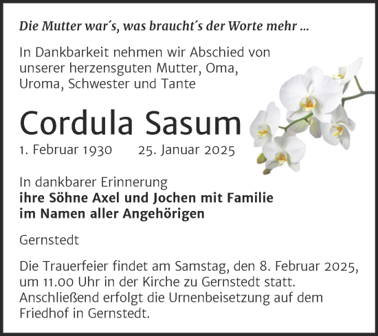 Traueranzeige von Cordula Sasum von Naumburger Tageblatt