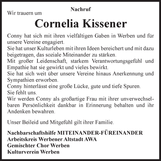 Traueranzeige von Cornelia Kissener von Volksstimme Altmark Ost