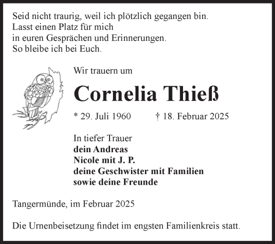 Traueranzeige von Cornelia Thieß von Volksstimme Altmark Ost