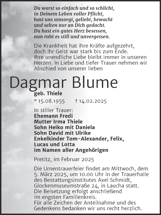 Traueranzeige von Dagmar Blume von Trauerkombi Merseburg