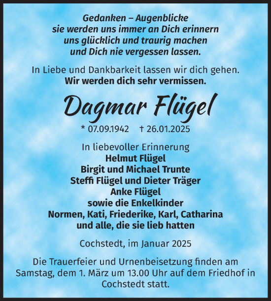 Traueranzeige von Dagmar Flügel von Trauerkombi Aschersleben