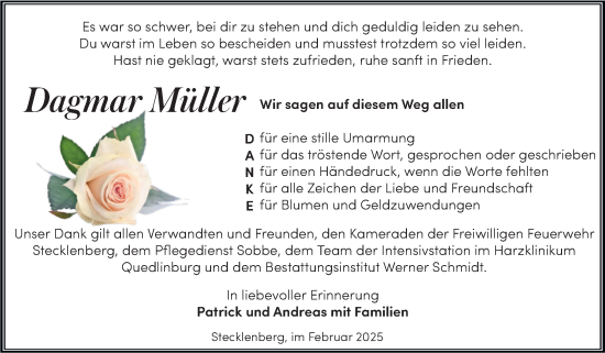 Traueranzeige von Dagmar Müller von Trauerkombi Quedlinburg