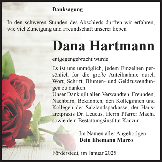 Traueranzeige von Dana Hartmann von Volksstimme Staßfurt