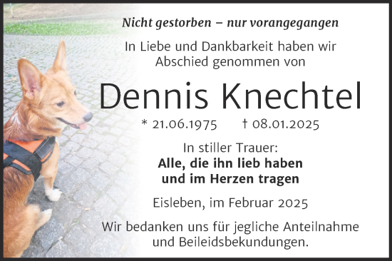 Traueranzeige von Dennis Knechtel von Trauerkombi Mansfelder Land