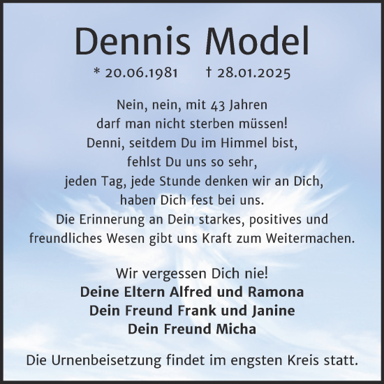 Traueranzeige von Dennis Model von Trauerkombi Bernburg