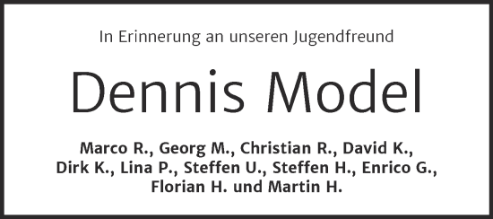 Traueranzeige von Dennis Model von Trauerkombi Bernburg