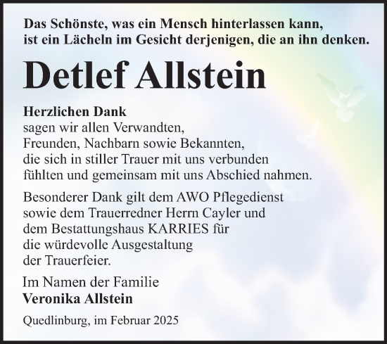 Traueranzeige von Detlef Allstein von Trauerkombi Quedlinburg