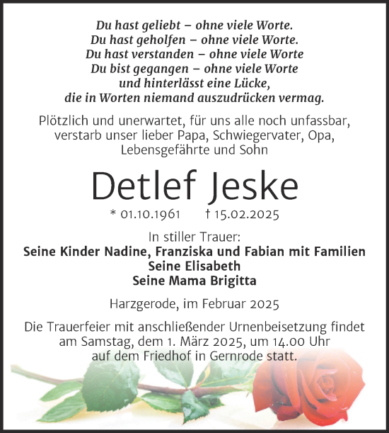 Traueranzeige von Detlef Jeske von Trauerkombi Quedlinburg