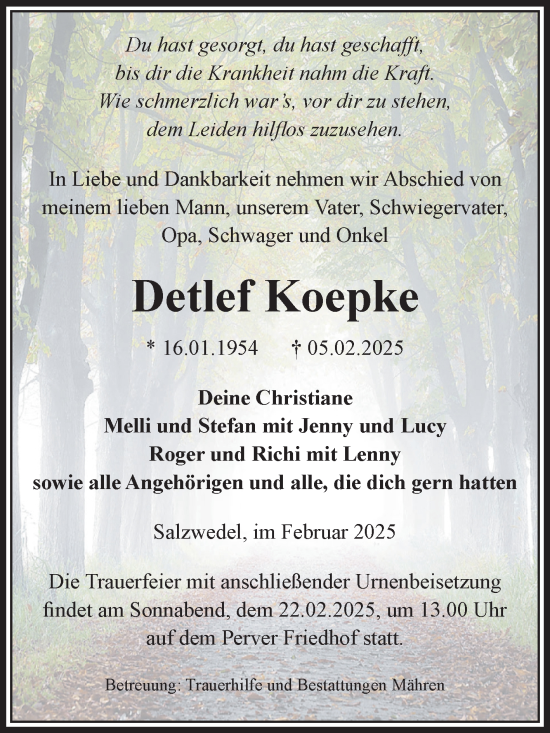 Traueranzeige von Detlef Koepke von Volksstimme Altmark West