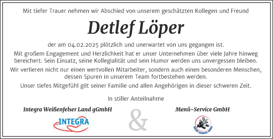 Traueranzeige von Detlef Löper von Naumburger Tageblatt