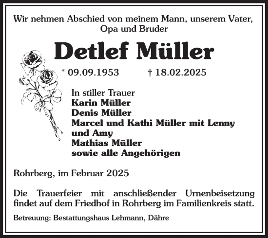 Traueranzeige von Detlef Müller von Volksstimme Altmark West