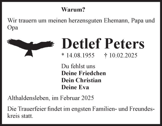 Traueranzeige von Detlef Peters von Volksstimme Haldensleben/Wolmirstedt