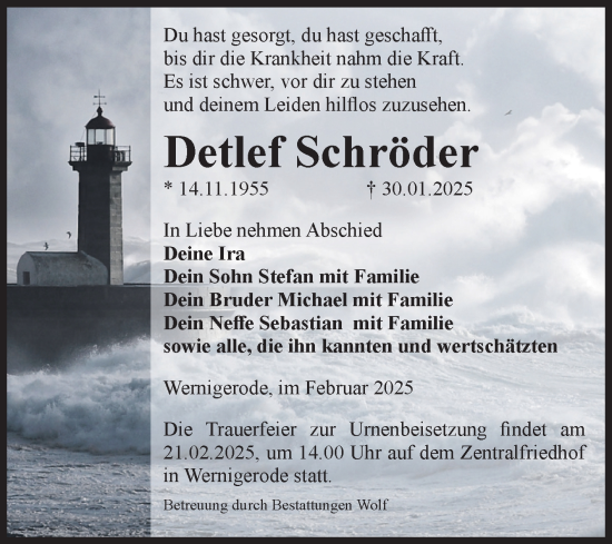 Traueranzeige von Detlef Schröder von Volksstimme Halberstadt