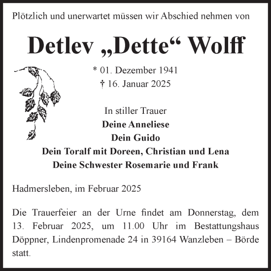 Traueranzeige von Detlev Wolff von Volksstimme Oschersleben/Wanzleben