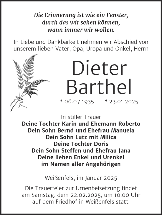 Traueranzeige von Dieter Barthel von Trauerkombi Weißenfels