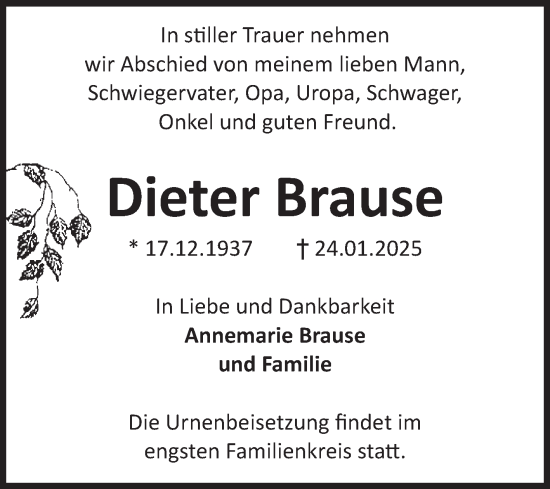 Traueranzeige von Dieter Brause von Volksstimme Burg/Genthin