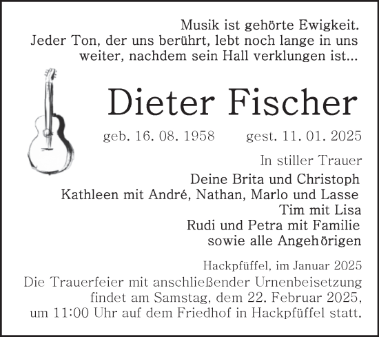 Traueranzeige von Dieter Fischer von Trauerkombi Sangerhausen