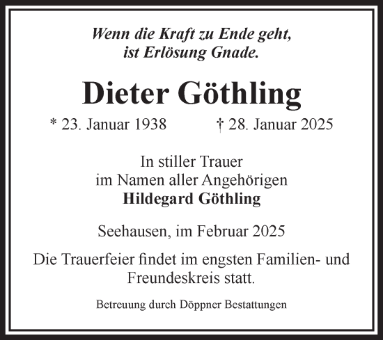 Traueranzeige von Dieter Göthling von Volksstimme Oschersleben/Wanzleben