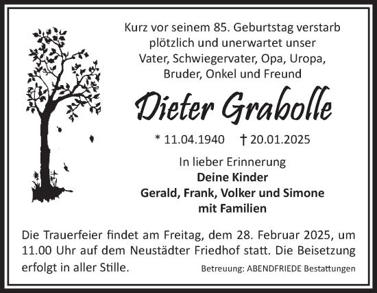 Traueranzeige von Dieter Grabolle von Volksstimme Magdeburg