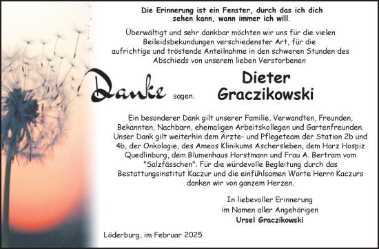 Traueranzeige von Dieter Graczikowski von Volksstimme Staßfurt
