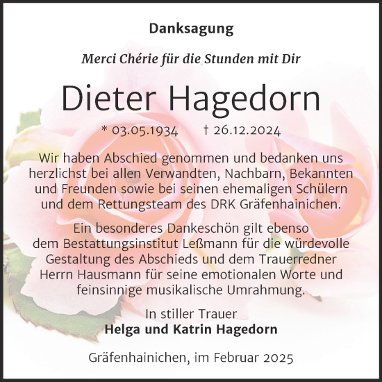 Traueranzeige von Dieter Hagedorn von Trauerkombi Wittenberg