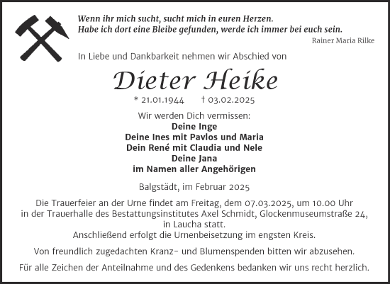 Traueranzeige von Dieter Heike von Super Sonntag Naumburg/Nebra