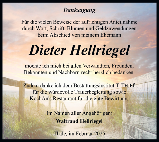 Traueranzeige von Dieter Hellriegel von Trauerkombi Quedlinburg