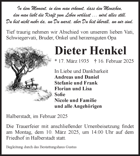 Traueranzeige von Dieter Henkel von Volksstimme Halberstadt