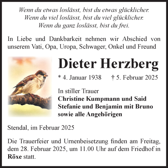 Traueranzeige von Dieter Herzberg von Volksstimme Altmark Ost