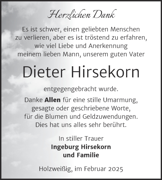 Traueranzeige von Dieter Hirsekorn von Trauerkombi Bitterfeld